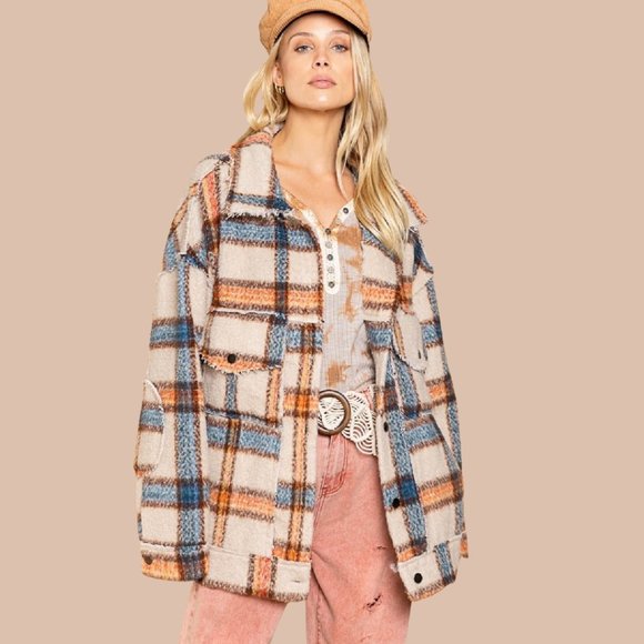 POL Plaid Bell Sleeve Oversized Shirt Jacket Ultimate in Bohemian Casual… - Picture 3 of 7